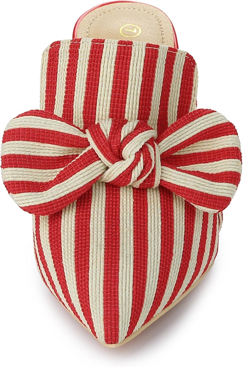 imageAllegra K Womens Stripe Bow Slip on Stiletto Heel Slides MulesRed