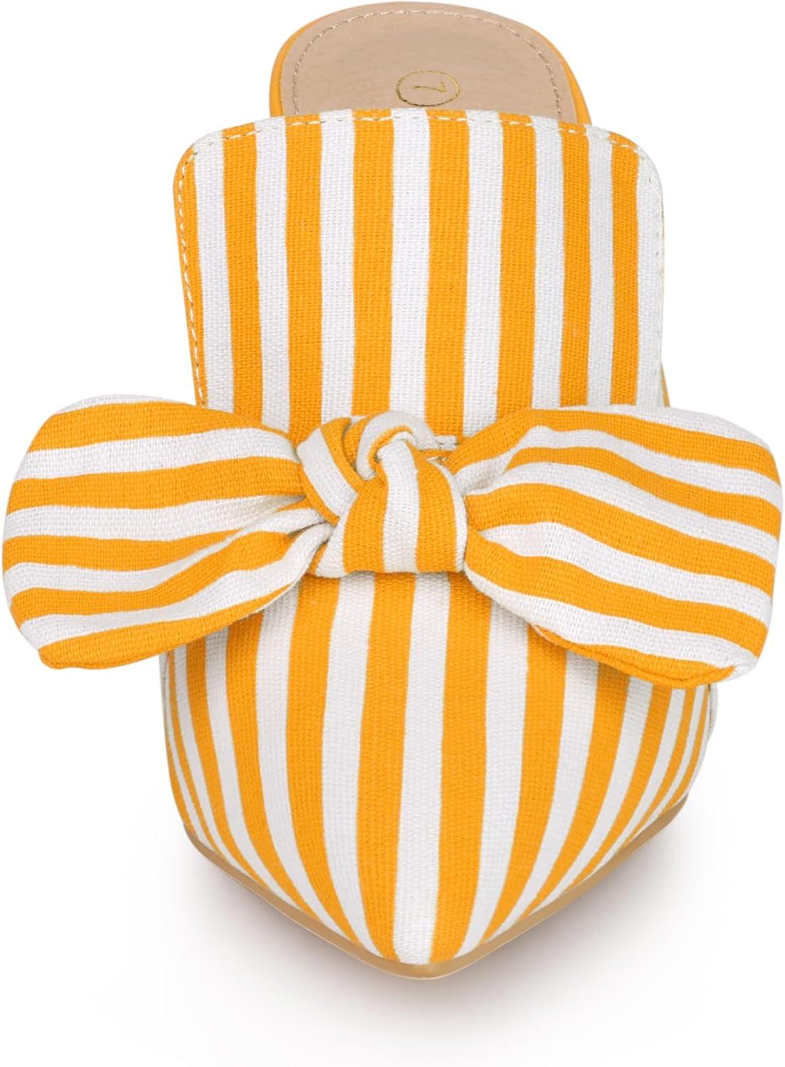 imageAllegra K Womens Stripe Bow Slip on Stiletto Heel Slides MulesYellow