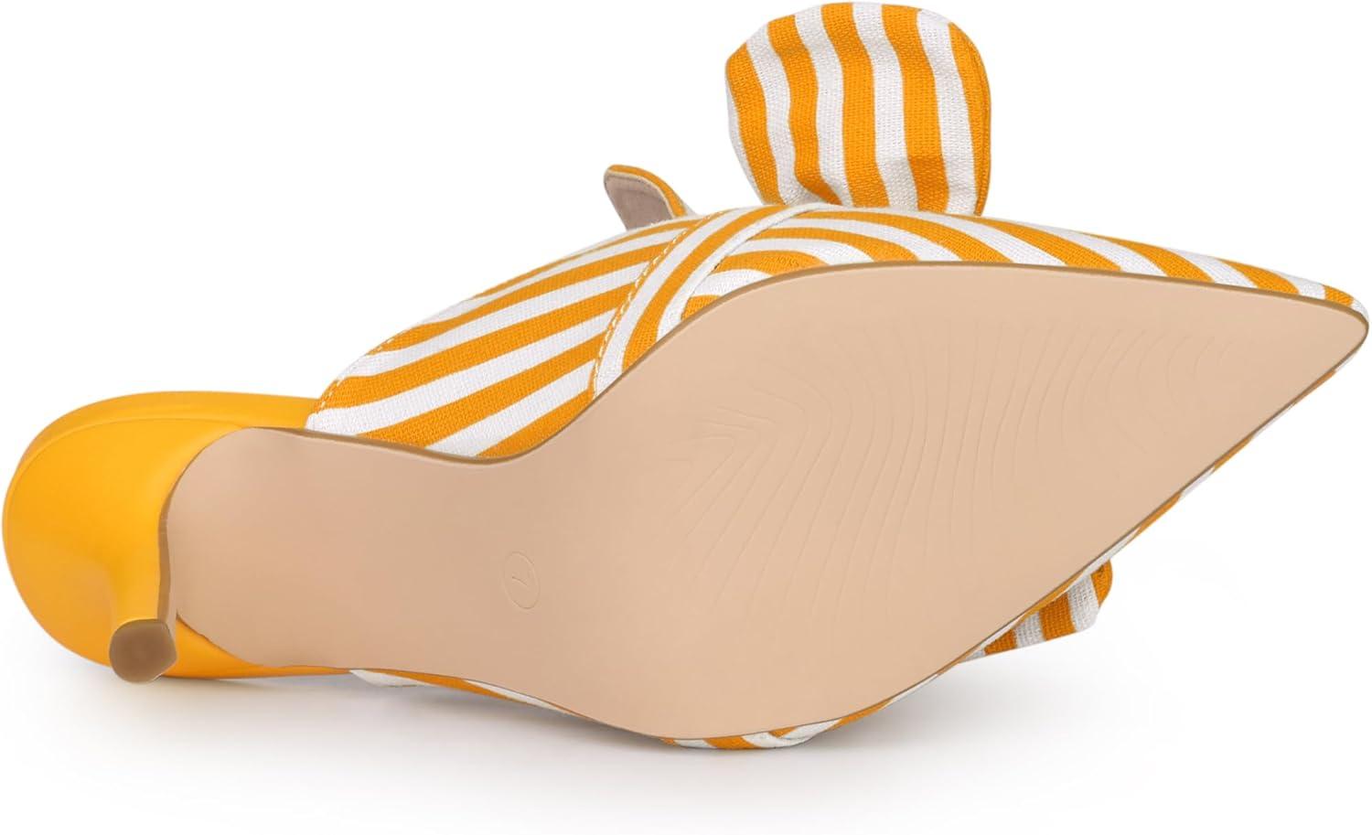 imageAllegra K Womens Stripe Bow Slip on Stiletto Heel Slides MulesYellow