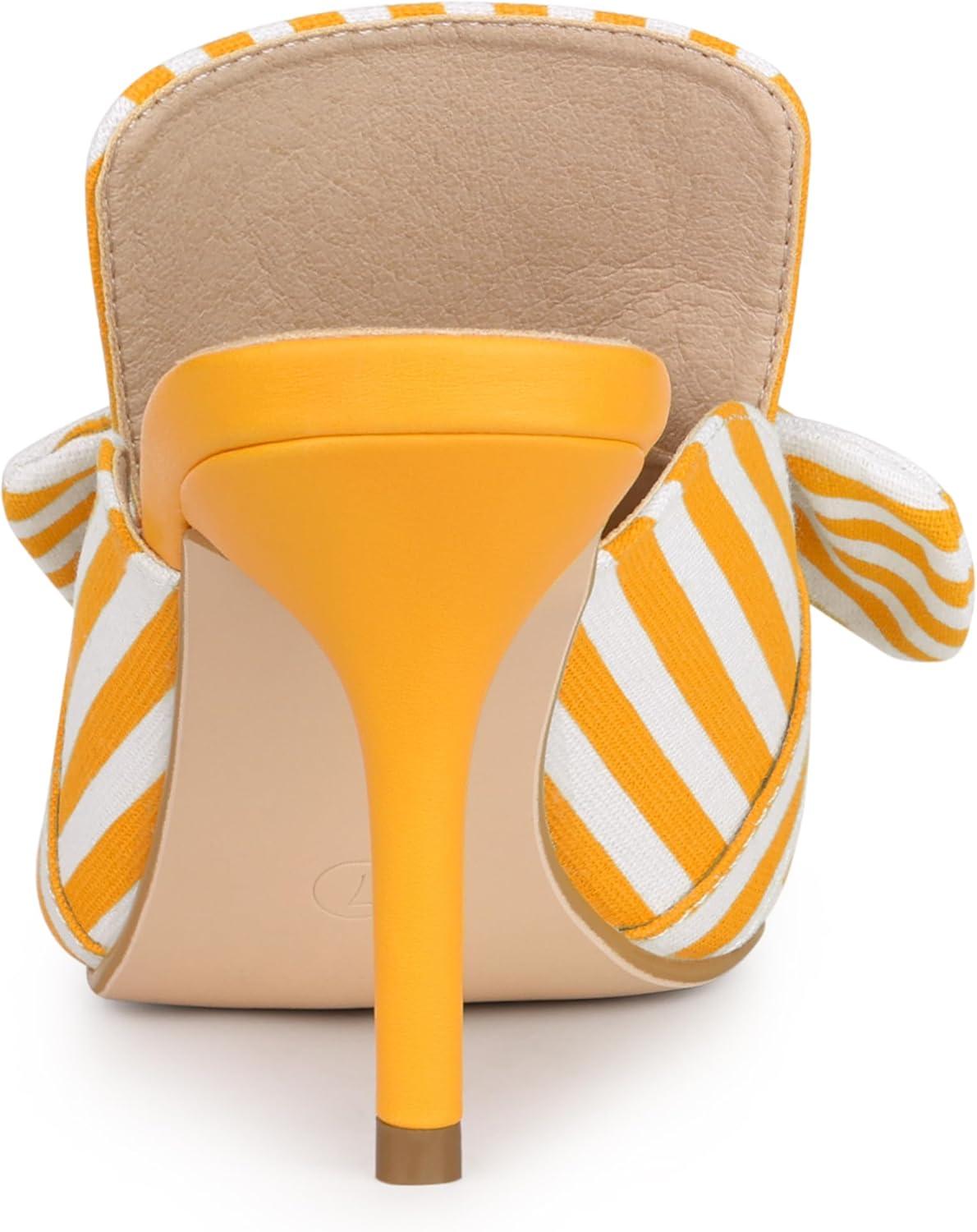 imageAllegra K Womens Stripe Bow Slip on Stiletto Heel Slides MulesYellow