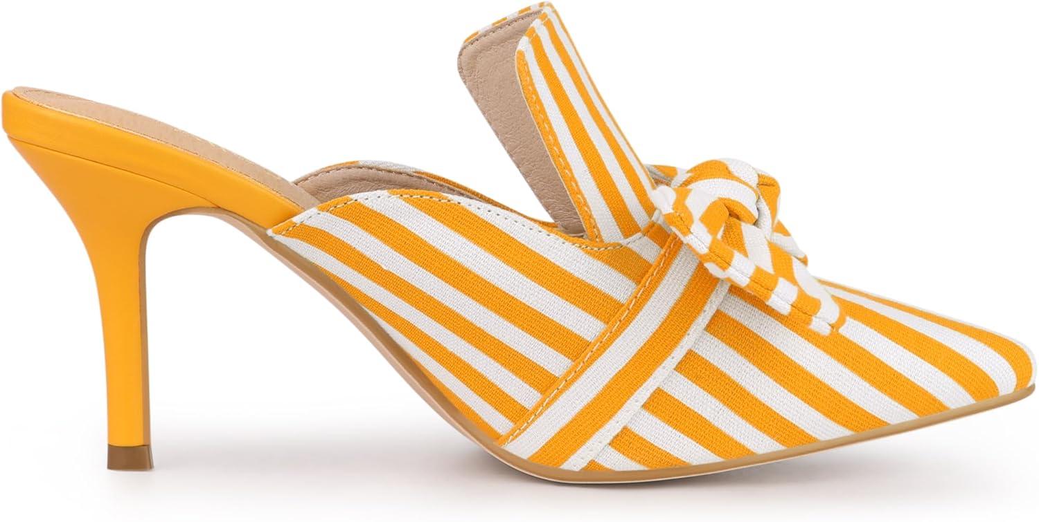 imageAllegra K Womens Stripe Bow Slip on Stiletto Heel Slides MulesYellow