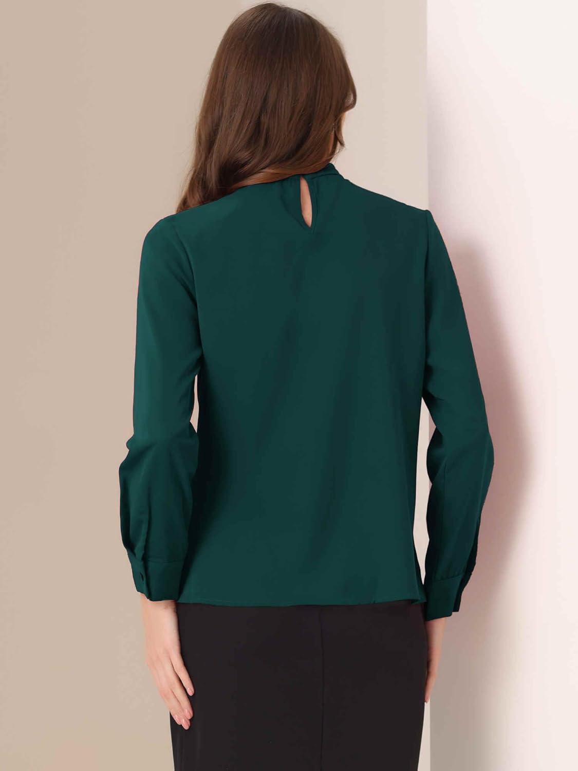 imageAllegra K Work Blouses for Women Stand Collar Long Sleeve Ruched Dressy Business Casual Work ShirtDark Green