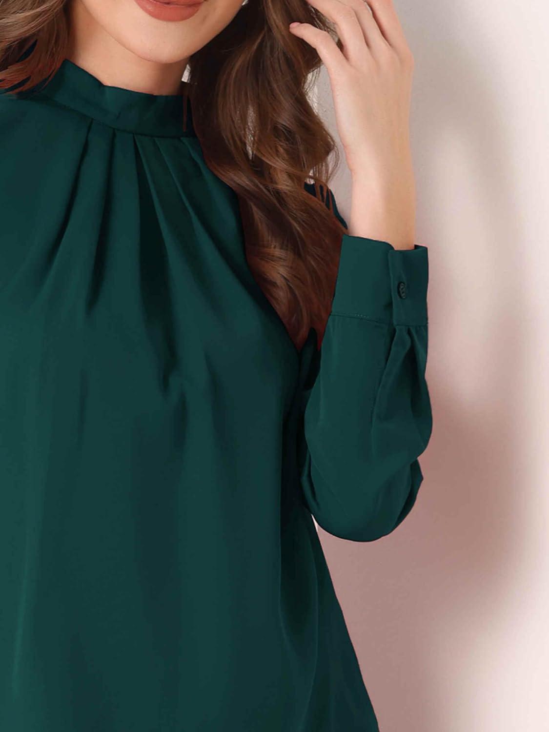 imageAllegra K Work Blouses for Women Stand Collar Long Sleeve Ruched Dressy Business Casual Work ShirtDark Green