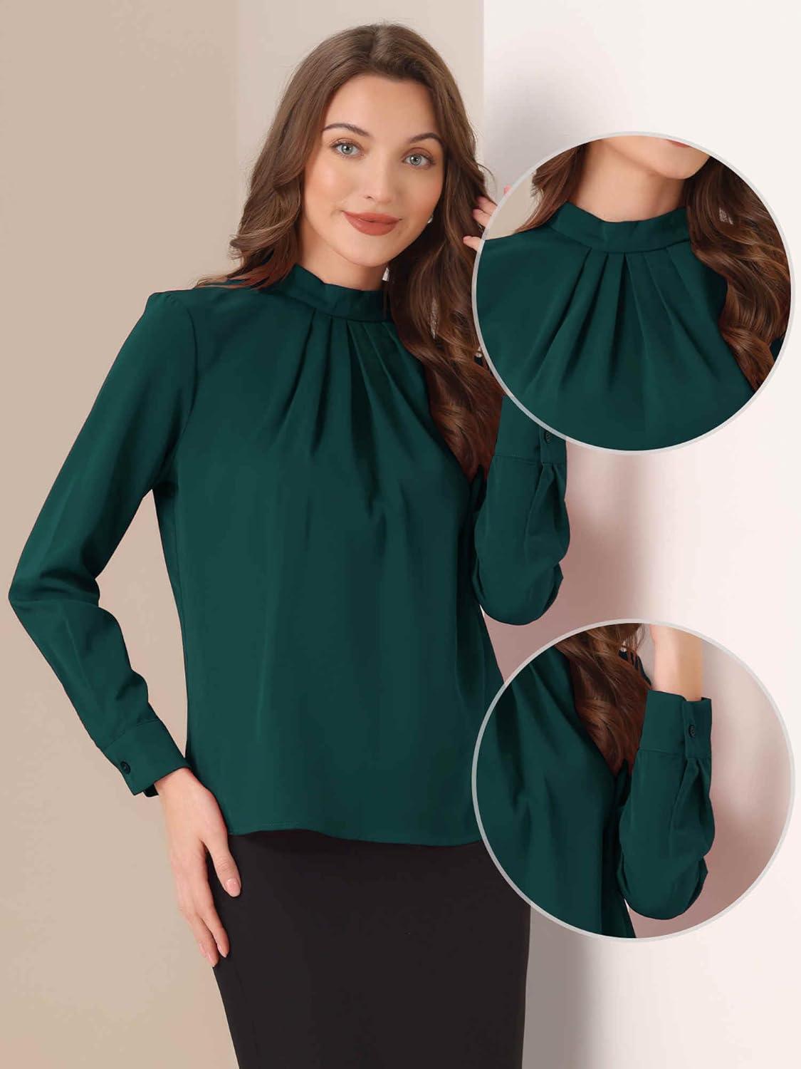 imageAllegra K Work Blouses for Women Stand Collar Long Sleeve Ruched Dressy Business Casual Work ShirtDark Green