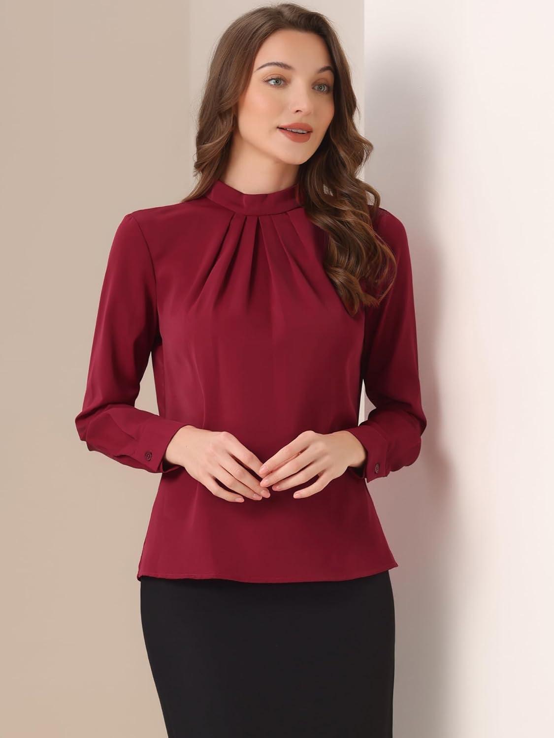imageAllegra K Work Blouses for Women Stand Collar Long Sleeve Ruched Dressy Business Casual Work ShirtDark Red