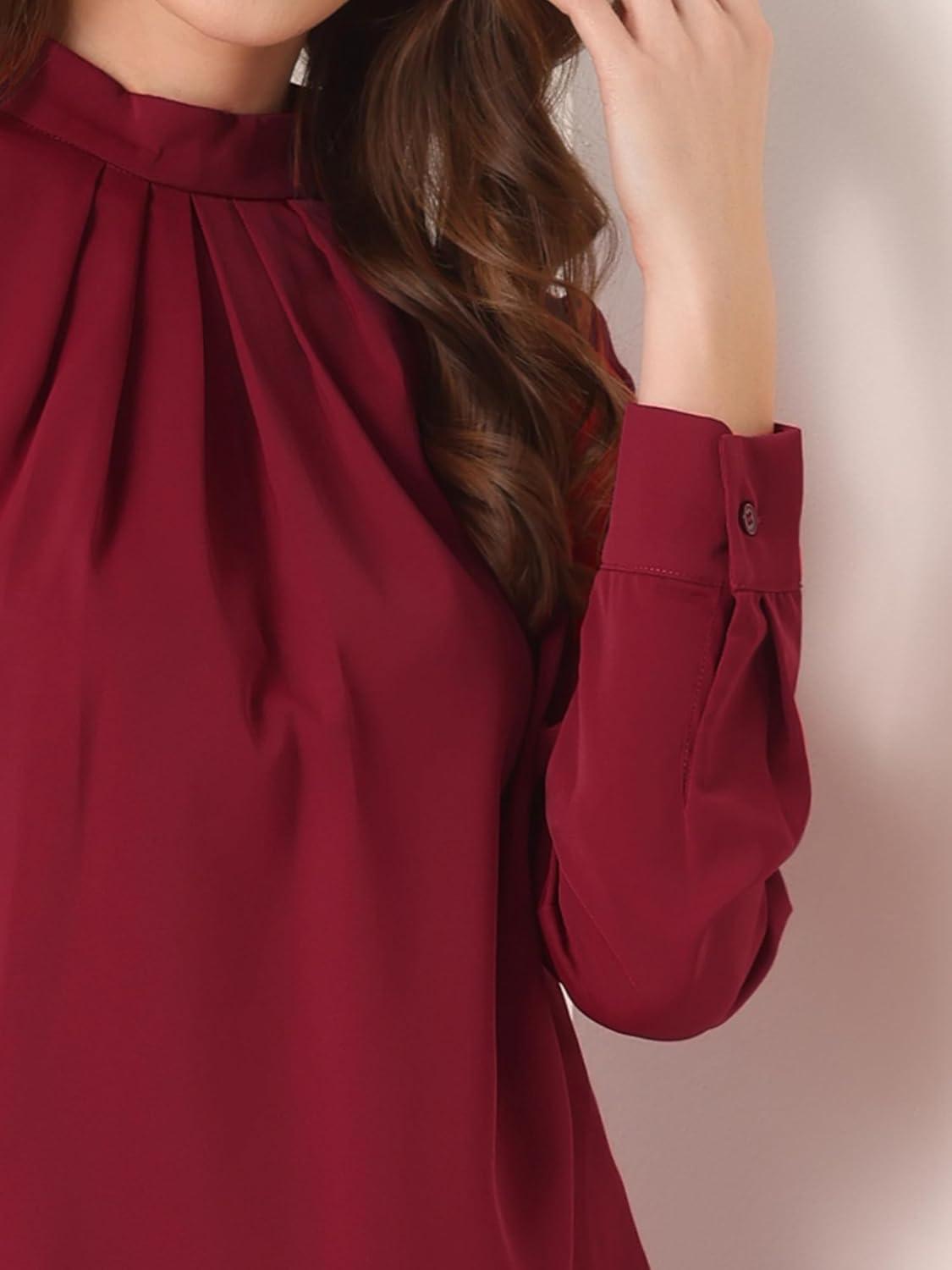 imageAllegra K Work Blouses for Women Stand Collar Long Sleeve Ruched Dressy Business Casual Work ShirtDark Red