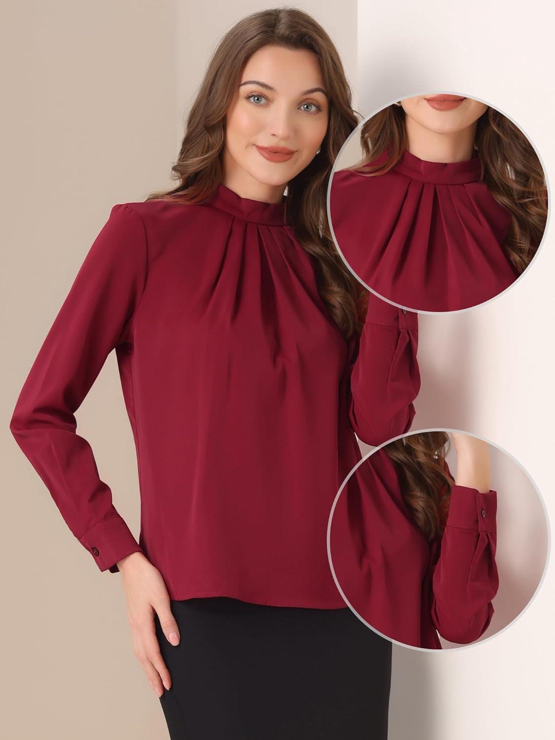 imageAllegra K Work Blouses for Women Stand Collar Long Sleeve Ruched Dressy Business Casual Work ShirtDark Red