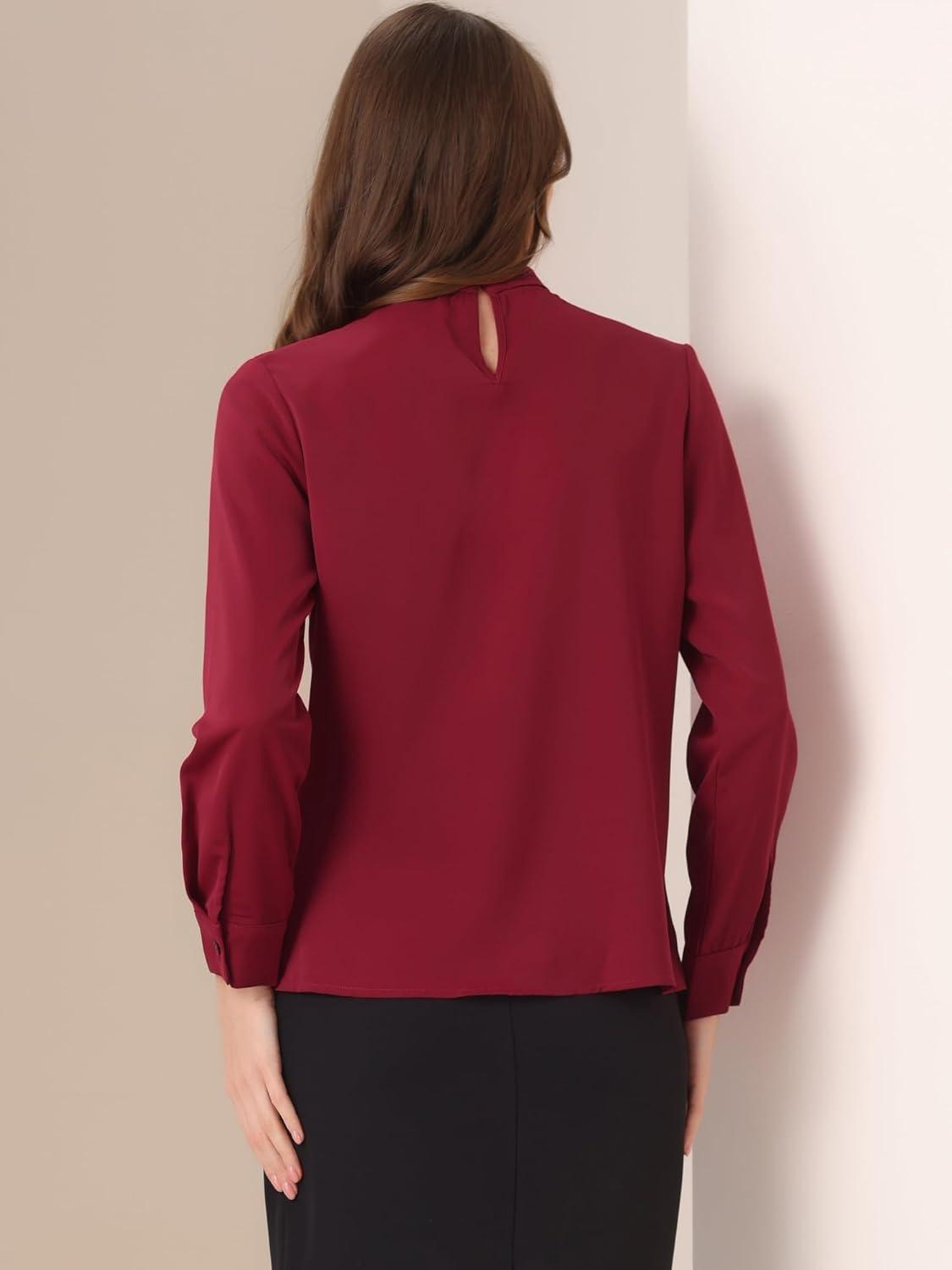 imageAllegra K Work Blouses for Women Stand Collar Long Sleeve Ruched Dressy Business Casual Work ShirtDark Red