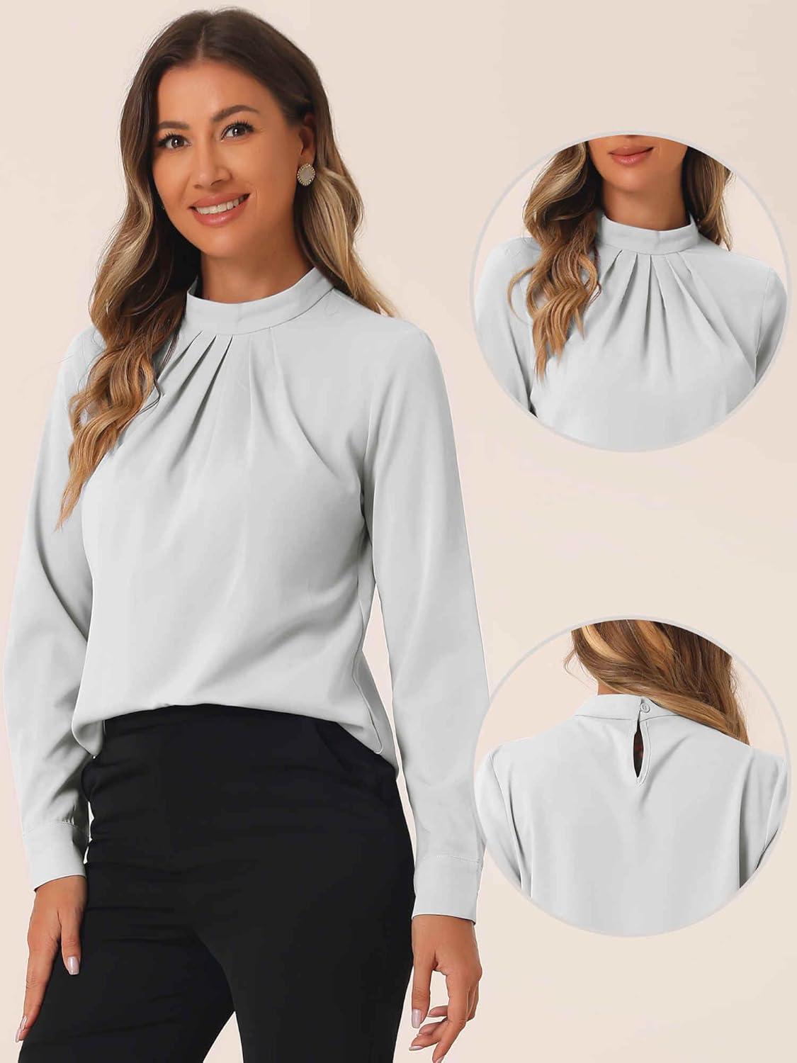 imageAllegra K Work Blouses for Women Stand Collar Long Sleeve Ruched Dressy Business Casual Work ShirtGray