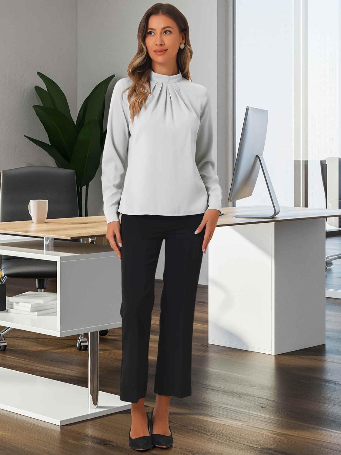 imageAllegra K Work Blouses for Women Stand Collar Long Sleeve Ruched Dressy Business Casual Work ShirtGray