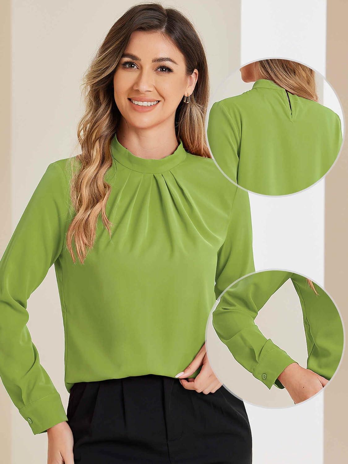 imageAllegra K Work Blouses for Women Stand Collar Long Sleeve Ruched Dressy Business Casual Work ShirtGreen