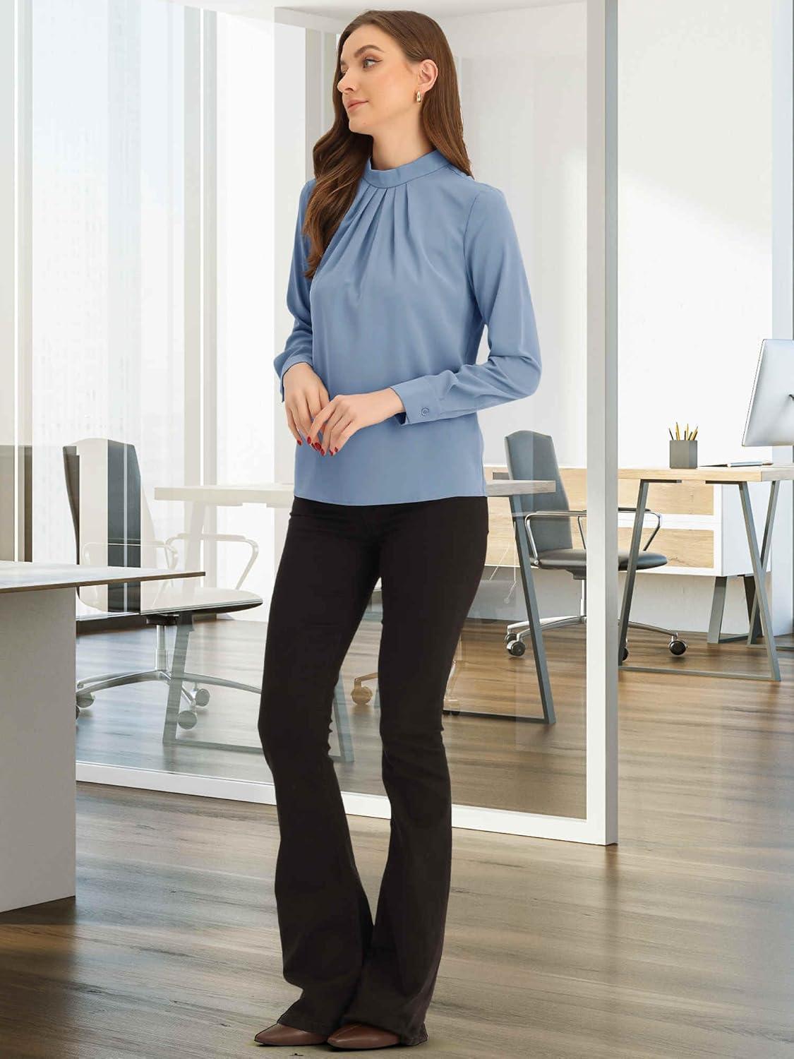 imageAllegra K Work Blouses for Women Stand Collar Long Sleeve Ruched Dressy Business Casual Work ShirtGrey Blue