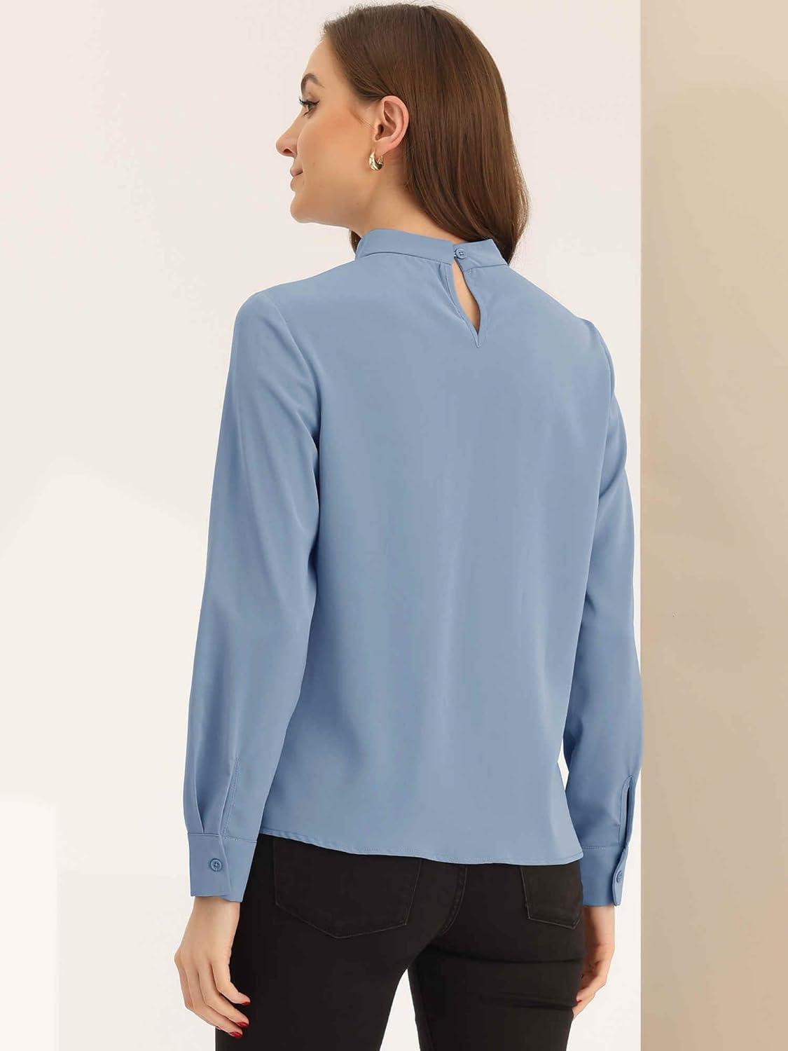 imageAllegra K Work Blouses for Women Stand Collar Long Sleeve Ruched Dressy Business Casual Work ShirtGrey Blue