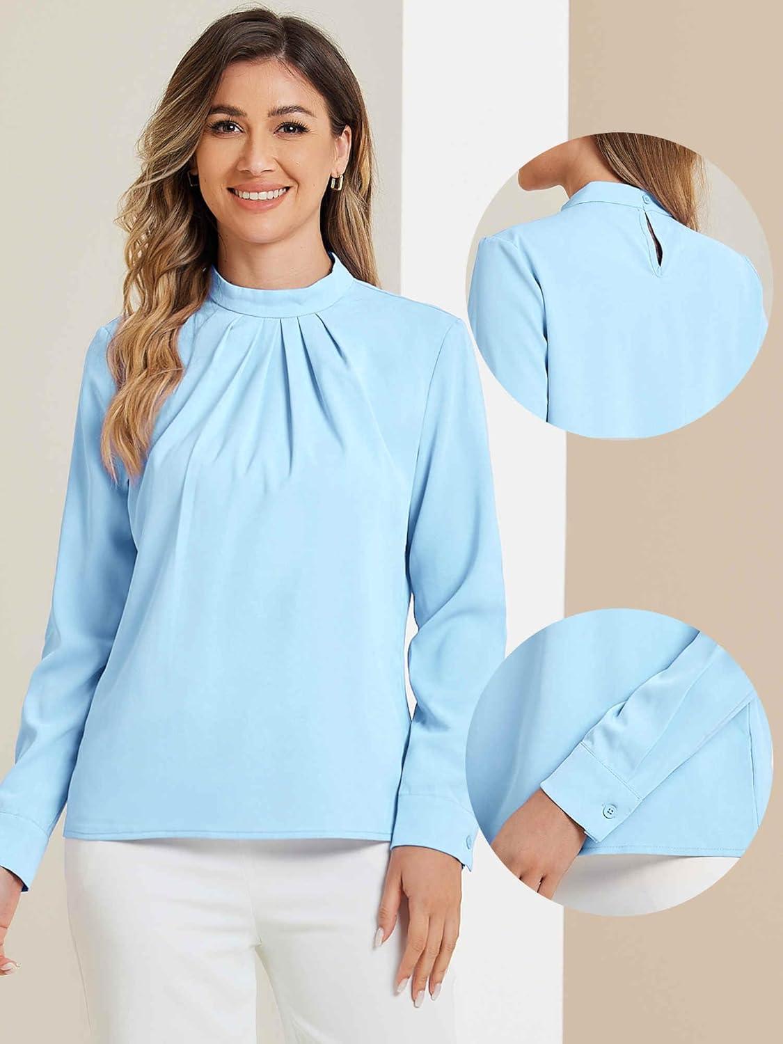 imageAllegra K Work Blouses for Women Stand Collar Long Sleeve Ruched Dressy Business Casual Work ShirtLight Blue