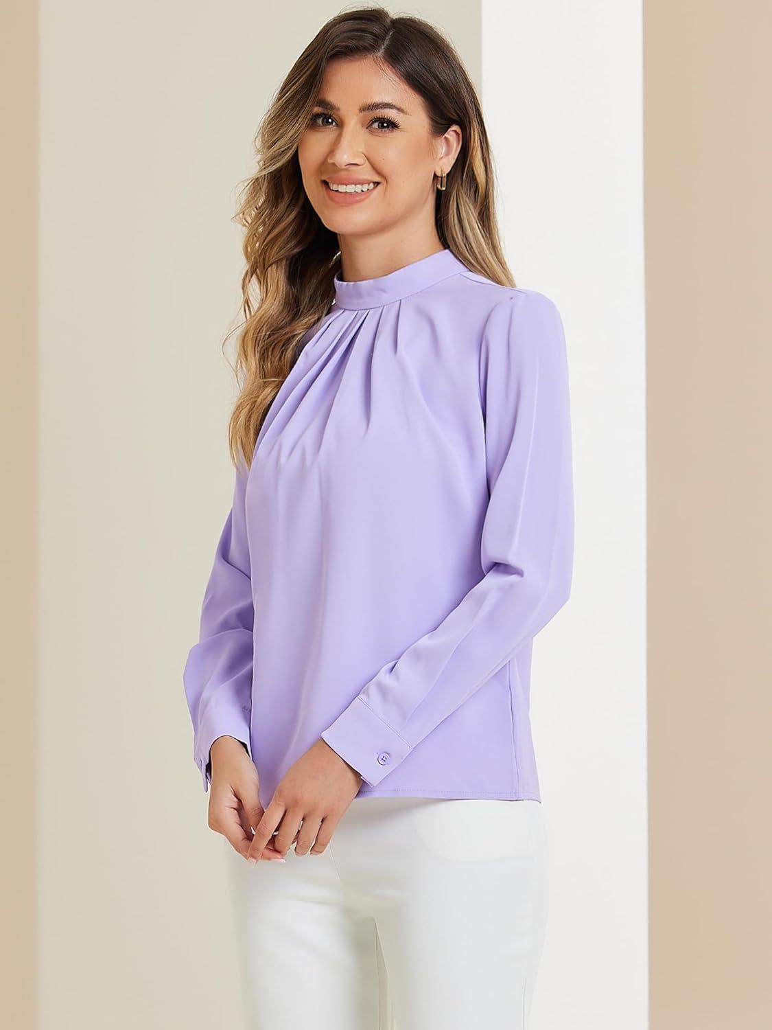 imageAllegra K Work Blouses for Women Stand Collar Long Sleeve Ruched Dressy Business Casual Work ShirtPurple