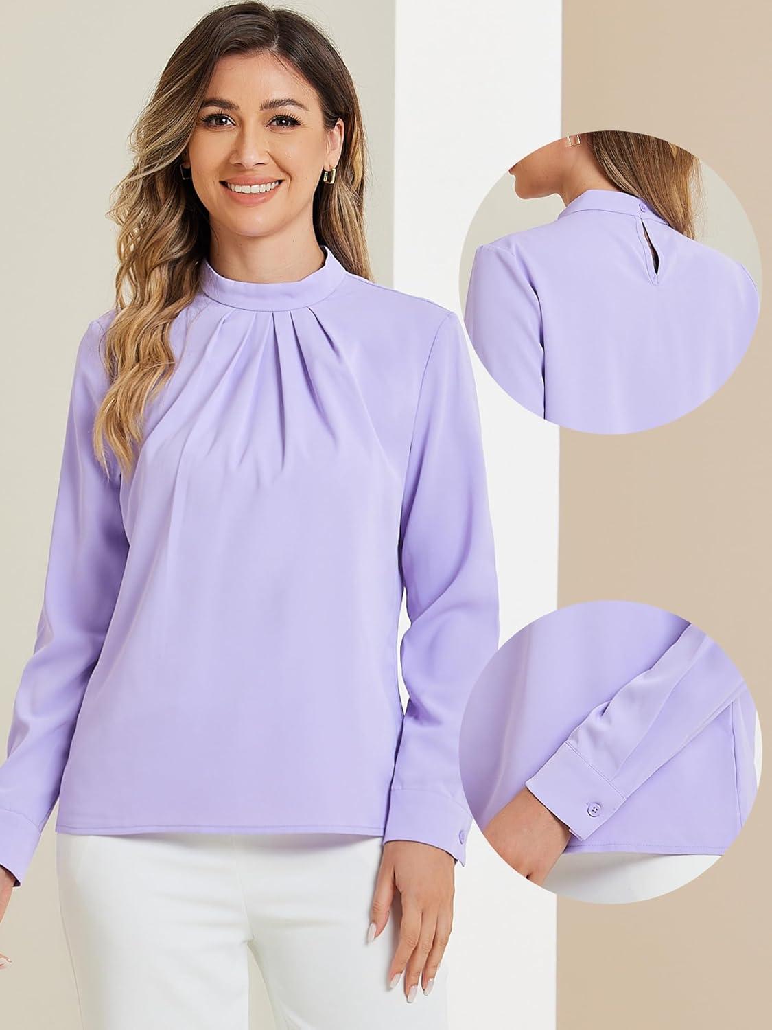 imageAllegra K Work Blouses for Women Stand Collar Long Sleeve Ruched Dressy Business Casual Work ShirtPurple