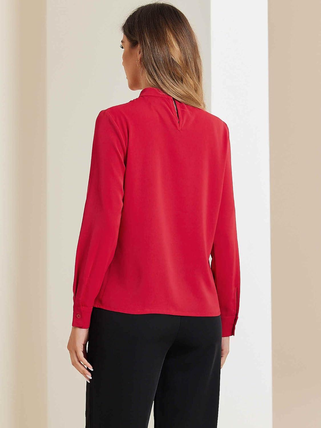 imageAllegra K Work Blouses for Women Stand Collar Long Sleeve Ruched Dressy Business Casual Work ShirtRed