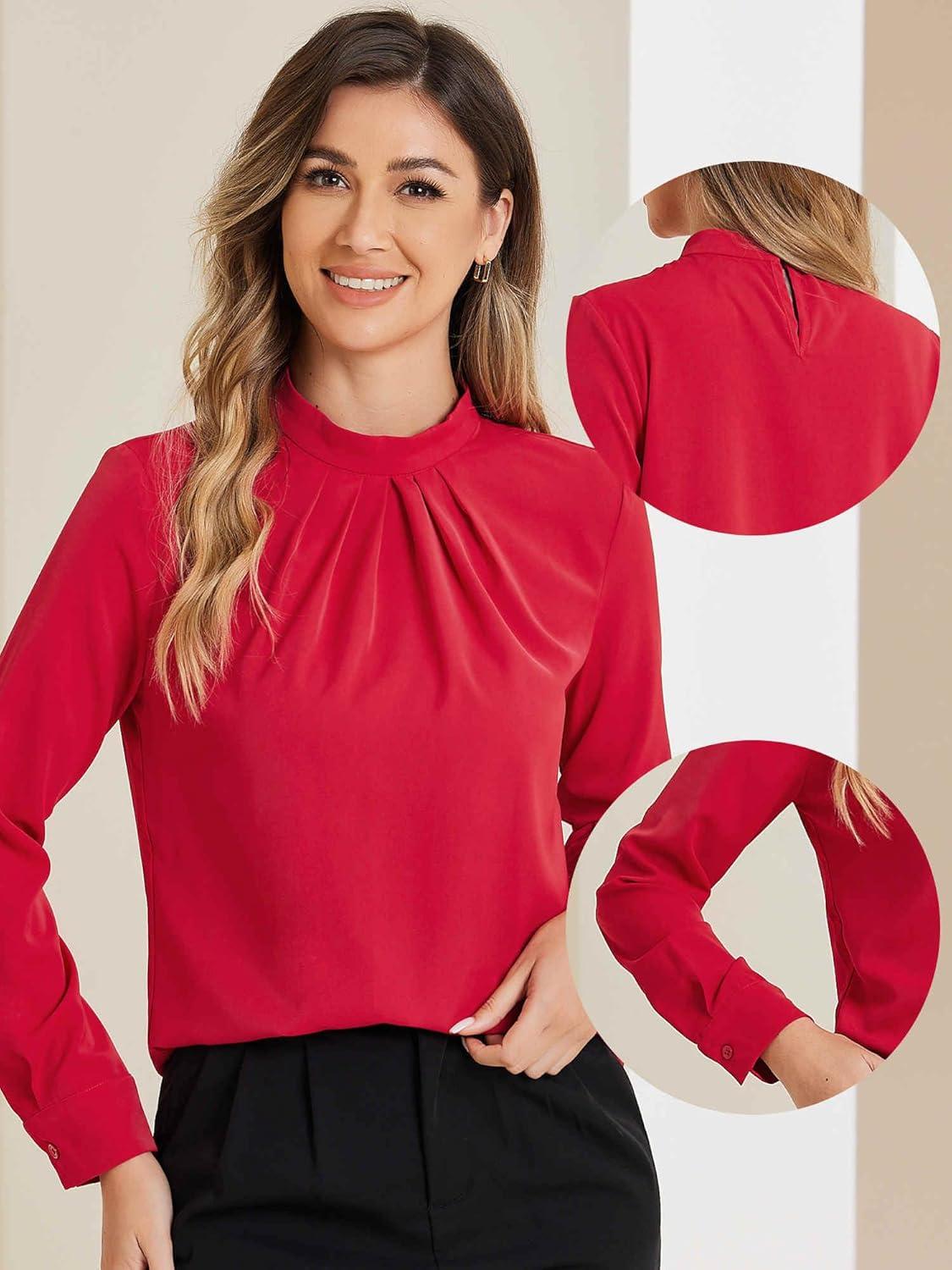 imageAllegra K Work Blouses for Women Stand Collar Long Sleeve Ruched Dressy Business Casual Work ShirtRed