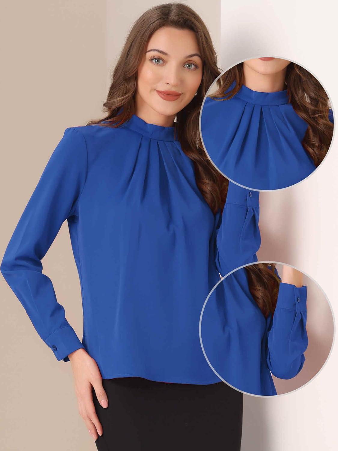 imageAllegra K Work Blouses for Women Stand Collar Long Sleeve Ruched Dressy Business Casual Work ShirtRoyal Blue