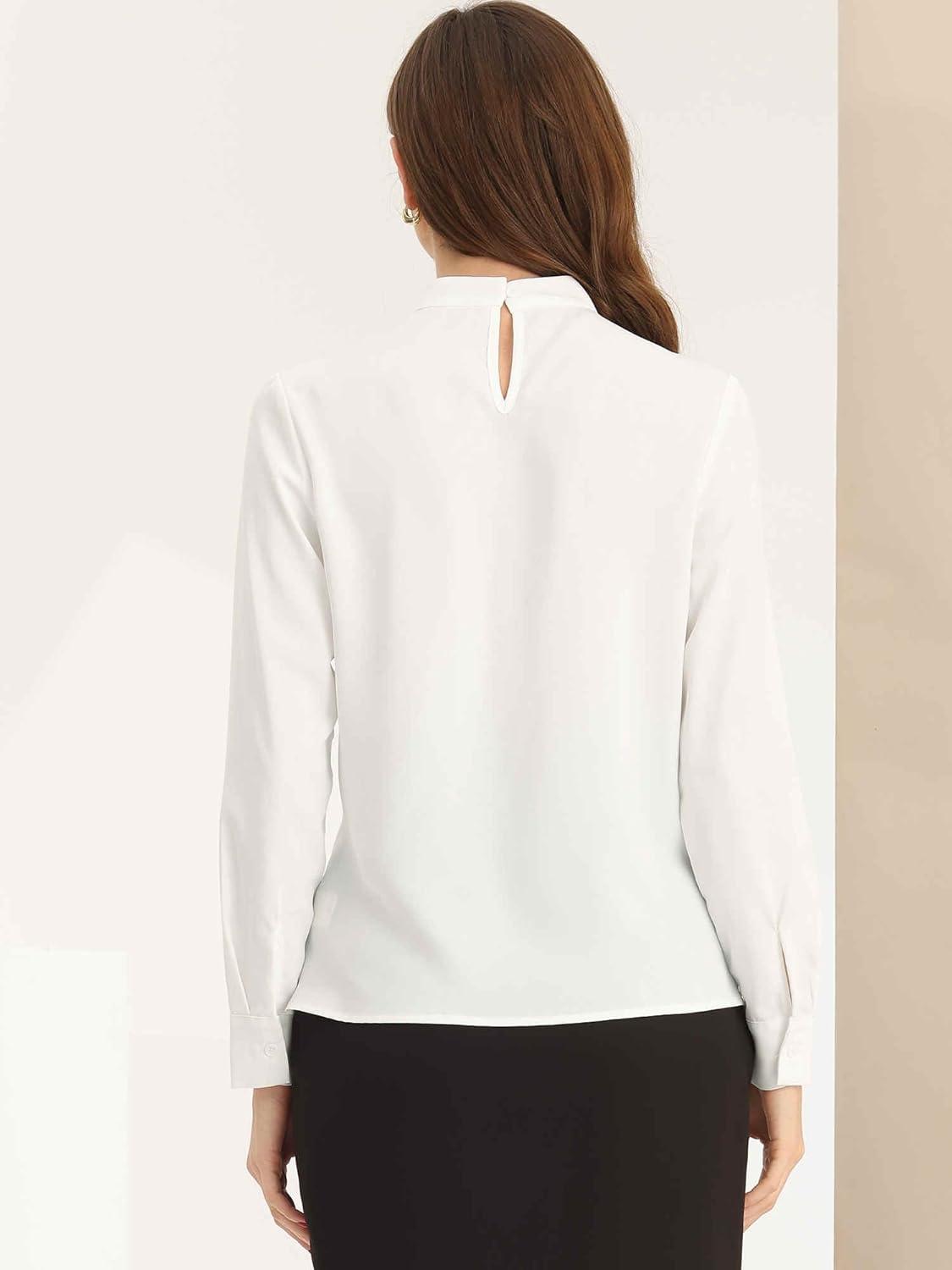 imageAllegra K Work Blouses for Women Stand Collar Long Sleeve Ruched Dressy Business Casual Work ShirtWhite