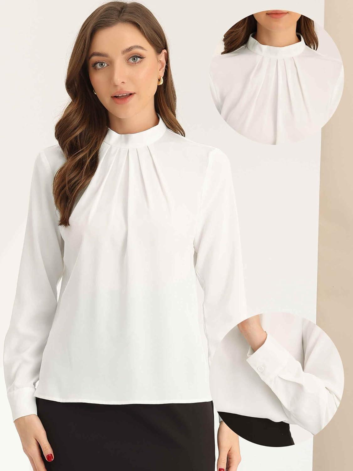 imageAllegra K Work Blouses for Women Stand Collar Long Sleeve Ruched Dressy Business Casual Work ShirtWhite