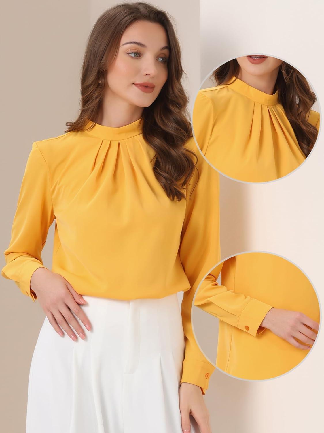 imageAllegra K Work Blouses for Women Stand Collar Long Sleeve Ruched Dressy Business Casual Work ShirtYellow