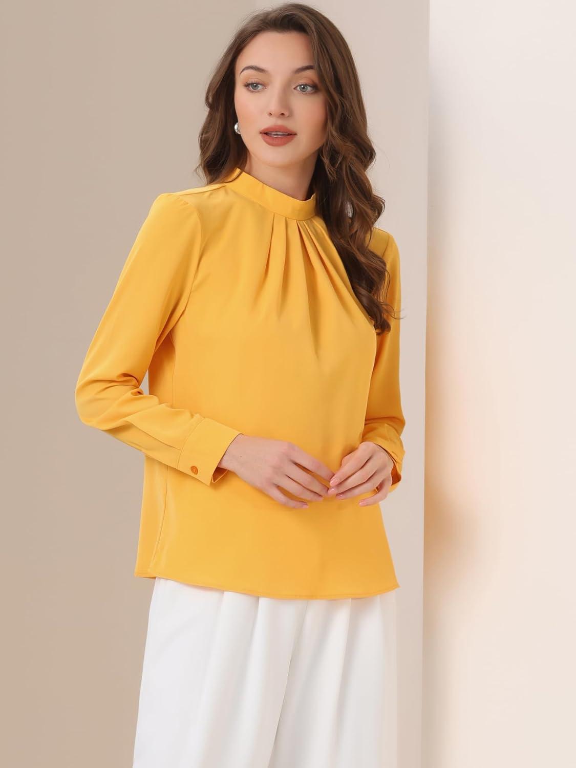 imageAllegra K Work Blouses for Women Stand Collar Long Sleeve Ruched Dressy Business Casual Work ShirtYellow