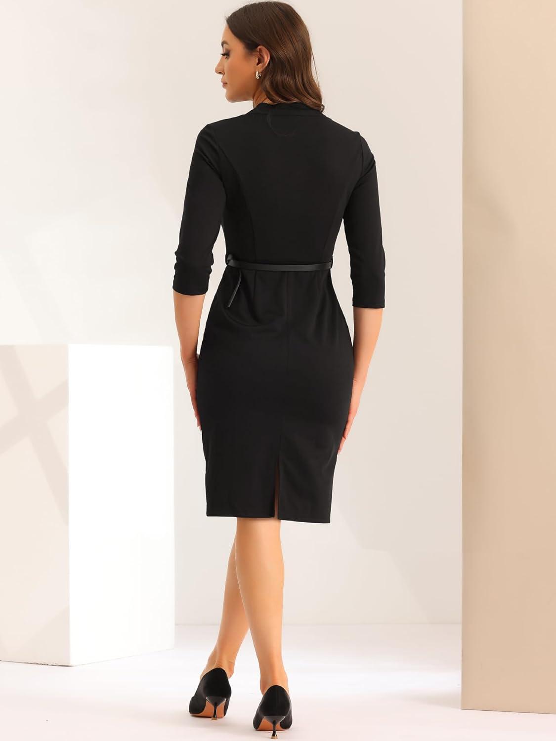 imageAllegra K Work Office Dress for Womens 34 Sleeve Belted Sweetheart Neck Sheath DressBlack