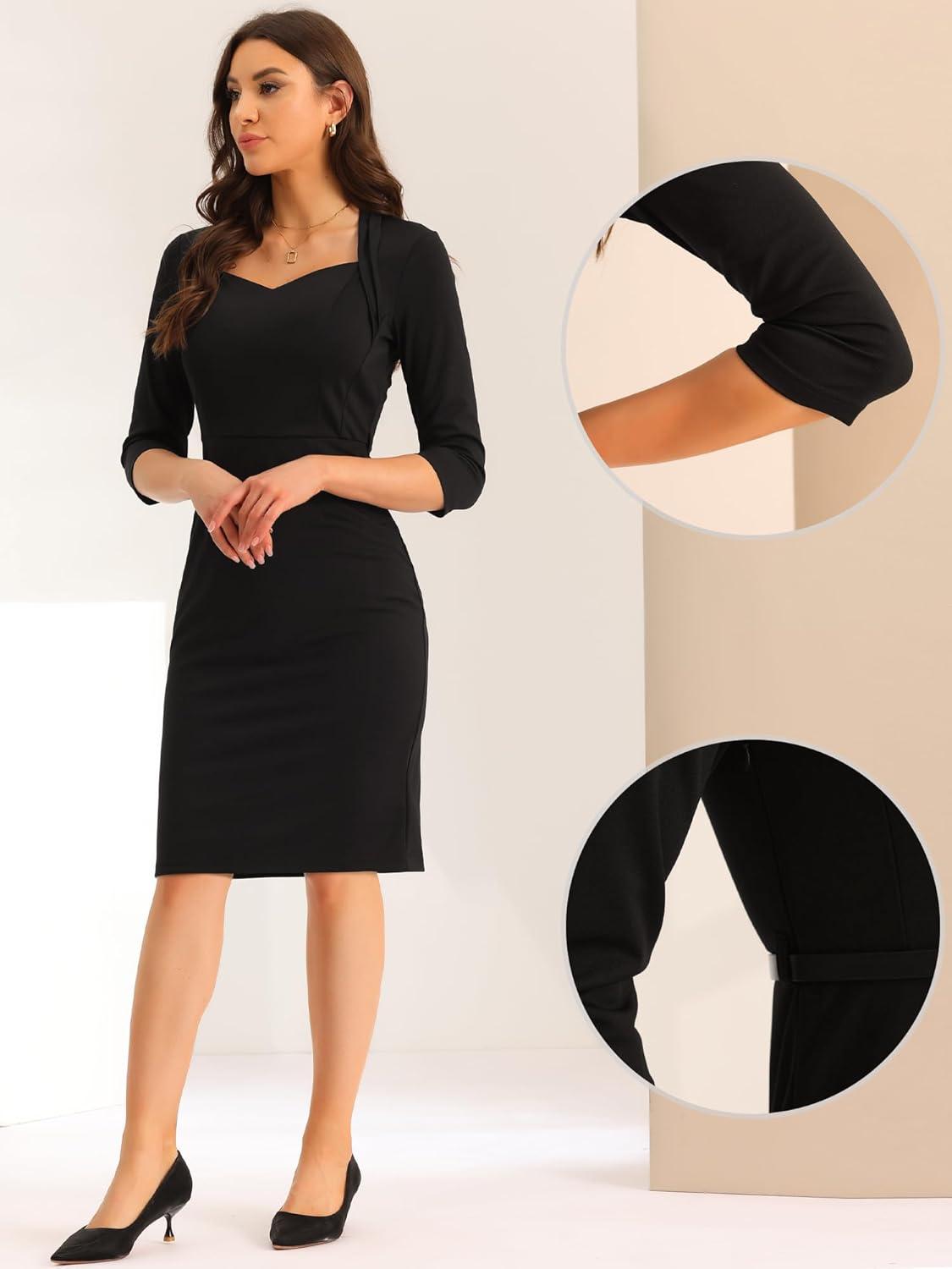 imageAllegra K Work Office Dress for Womens 34 Sleeve Belted Sweetheart Neck Sheath DressBlack
