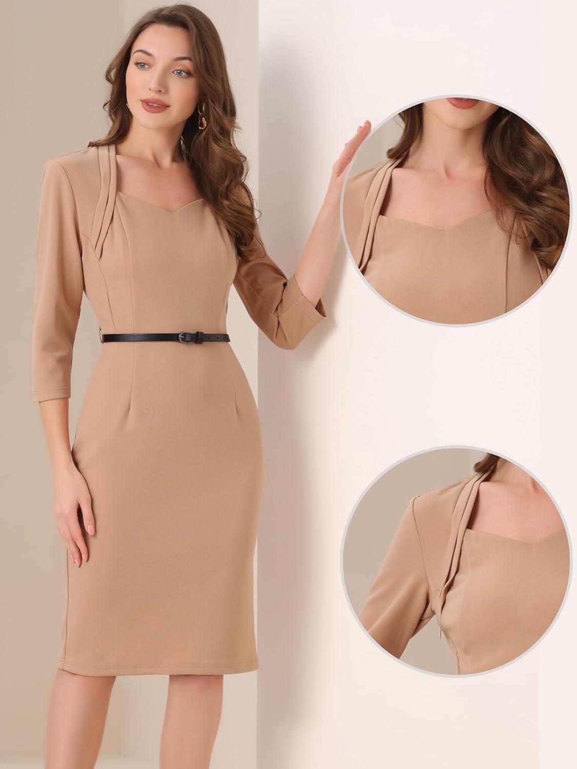 imageAllegra K Work Office Dress for Womens 34 Sleeve Belted Sweetheart Neck Sheath DressDark Apricot