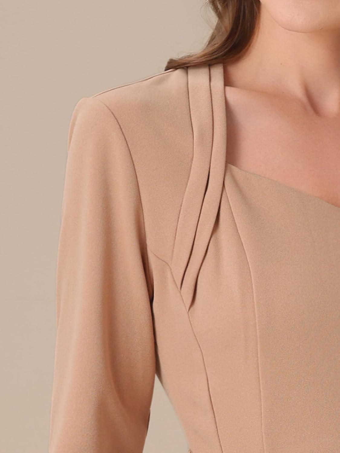 imageAllegra K Work Office Dress for Womens 34 Sleeve Belted Sweetheart Neck Sheath DressDark Apricot