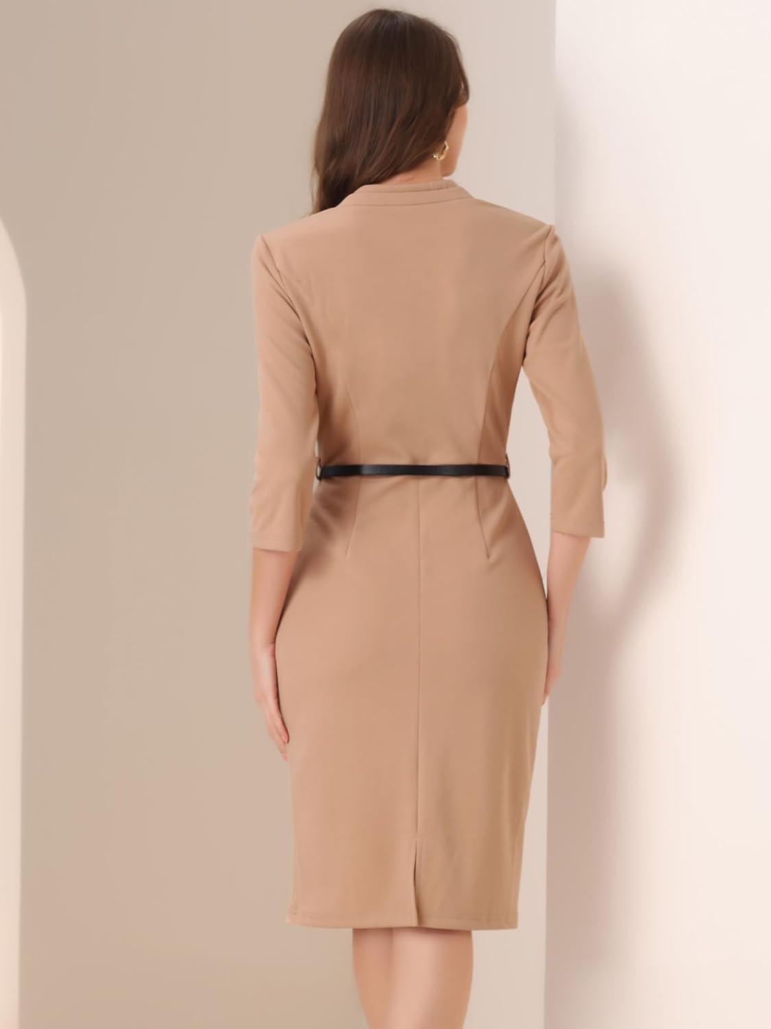 imageAllegra K Work Office Dress for Womens 34 Sleeve Belted Sweetheart Neck Sheath DressDark Apricot