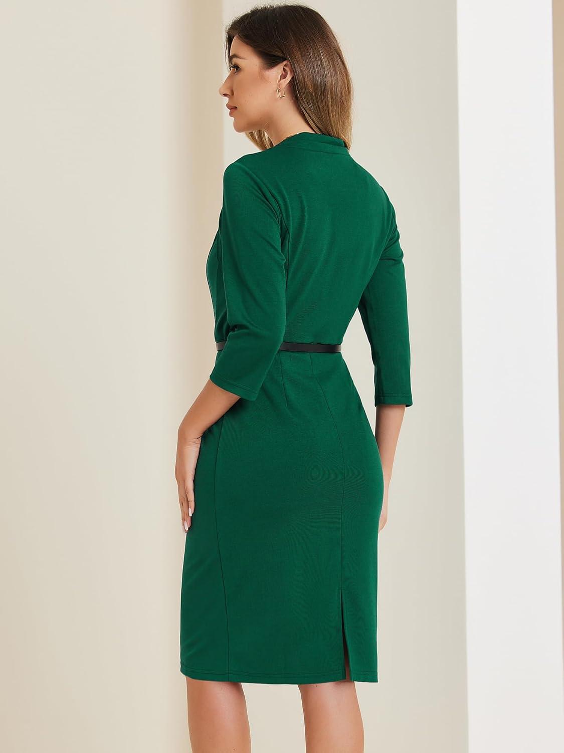 imageAllegra K Work Office Dress for Womens 34 Sleeve Belted Sweetheart Neck Sheath DressDark Green
