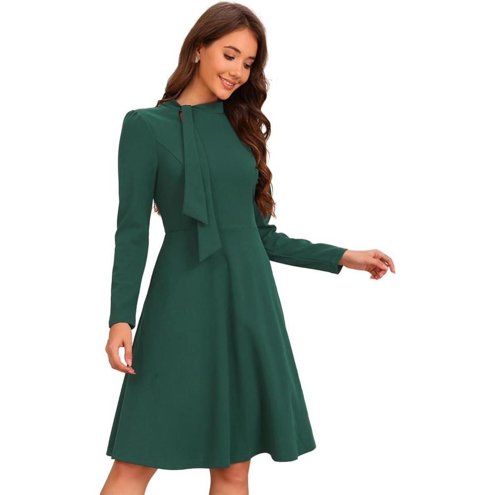 imageAllegra K 2024 Fall Long Sleeve Dress for Womens Collar Tie Mock Neck a Line Elegant Midi DressesDark Green