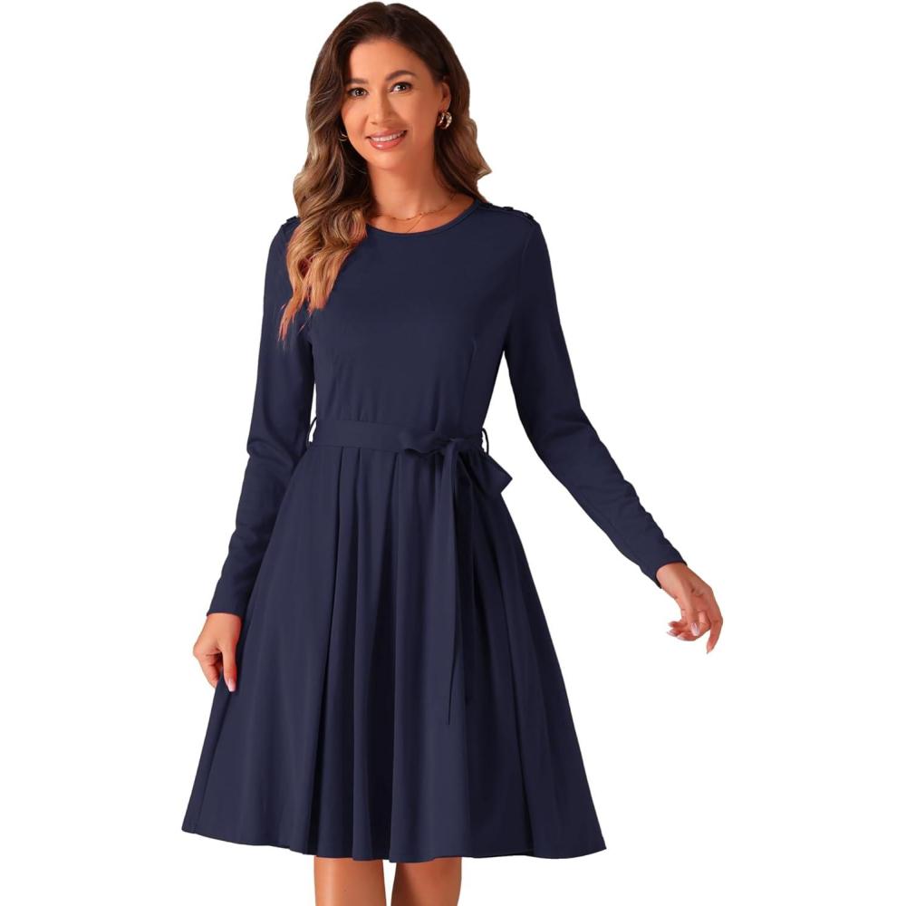 imageAllegra K A Line Dresses for Women 2024 Long Sleeve Tie Waist Pleated Business Casual Dress with PocketsDark Blue