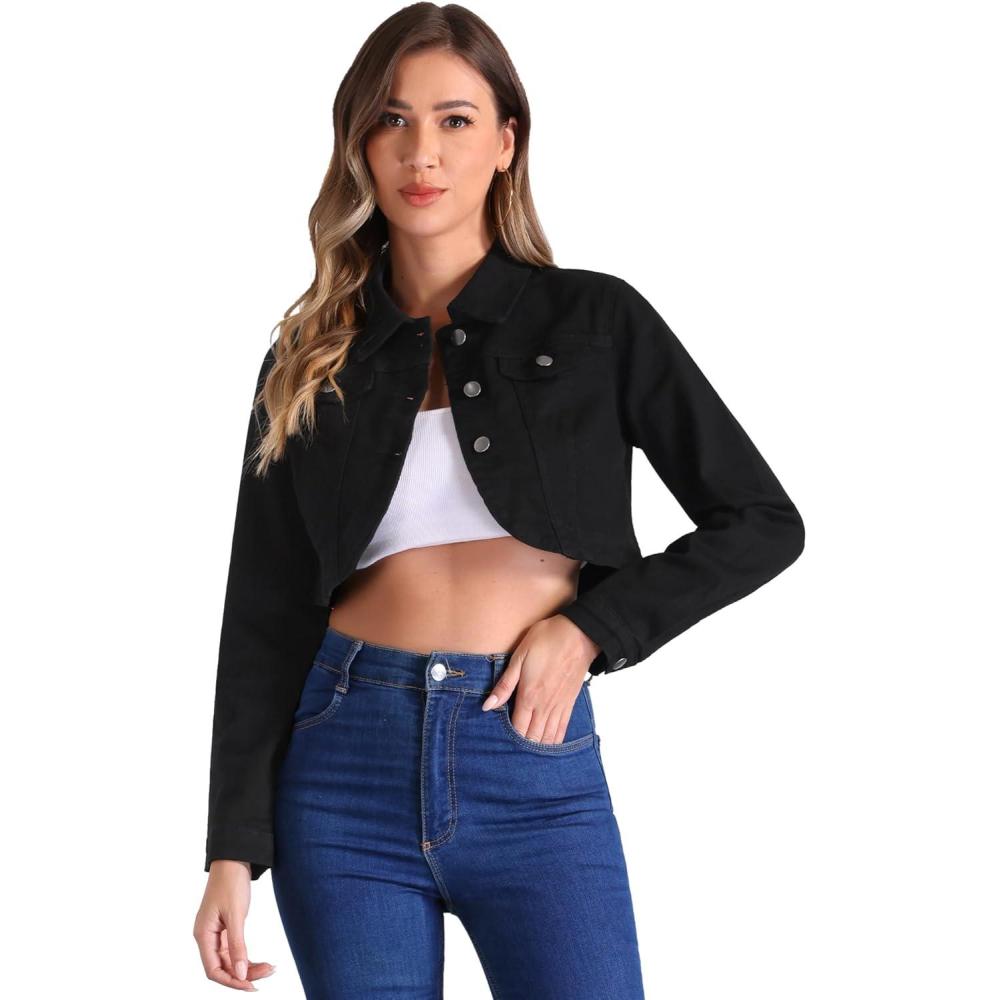 imageAllegra K Denim Jacket for Womens 2025 Casual Collared Long Sleeve Crop Jean JacketsBlack
