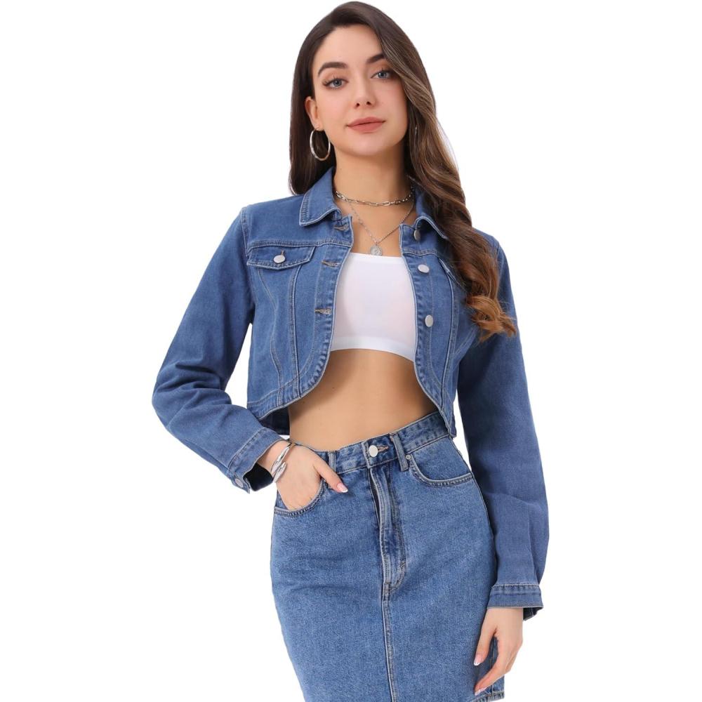 imageAllegra K Denim Jacket for Womens 2025 Casual Collared Long Sleeve Crop Jean JacketsBlue