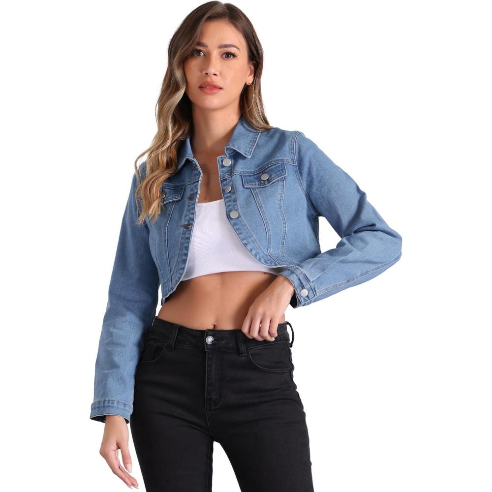 imageAllegra K Denim Jacket for Womens 2025 Casual Collared Long Sleeve Crop Jean JacketsLight Blue