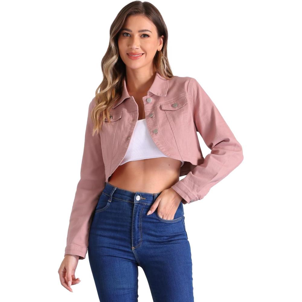 imageAllegra K Denim Jacket for Womens 2025 Casual Collared Long Sleeve Crop Jean JacketsPink