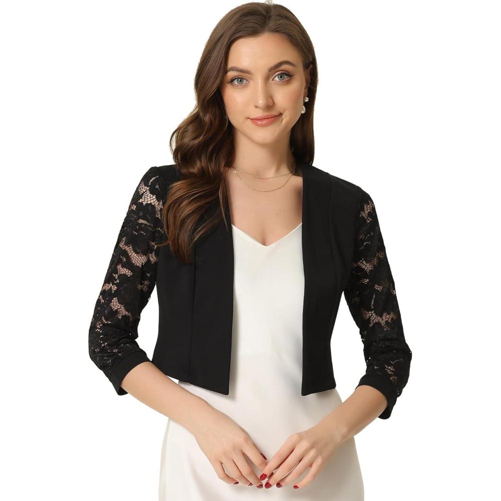 imageAllegra K Lace Shrug for Women 34 Sleeve Open Front Work Office Cropped Sheer Cardigan Formal Bolero JacketsBlack