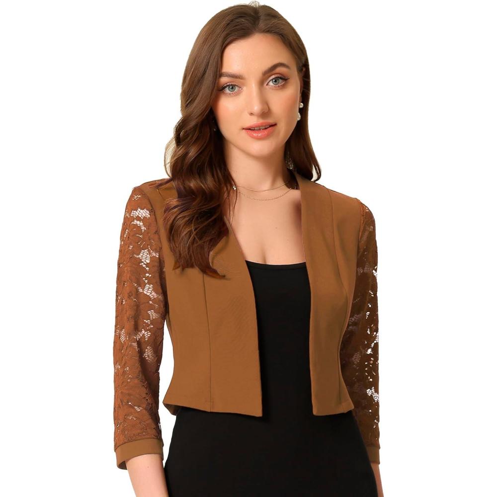 imageAllegra K Lace Shrug for Women 34 Sleeve Open Front Work Office Cropped Sheer Cardigan Formal Bolero JacketsBrown