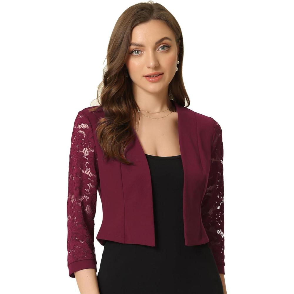imageAllegra K Lace Shrug for Women 34 Sleeve Open Front Work Office Cropped Sheer Cardigan Formal Bolero JacketsBurgundy
