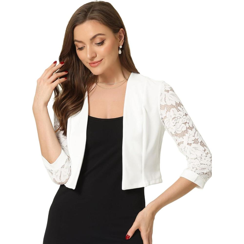 imageAllegra K Lace Shrug for Women 34 Sleeve Open Front Work Office Cropped Sheer Cardigan Formal Bolero JacketsWhite