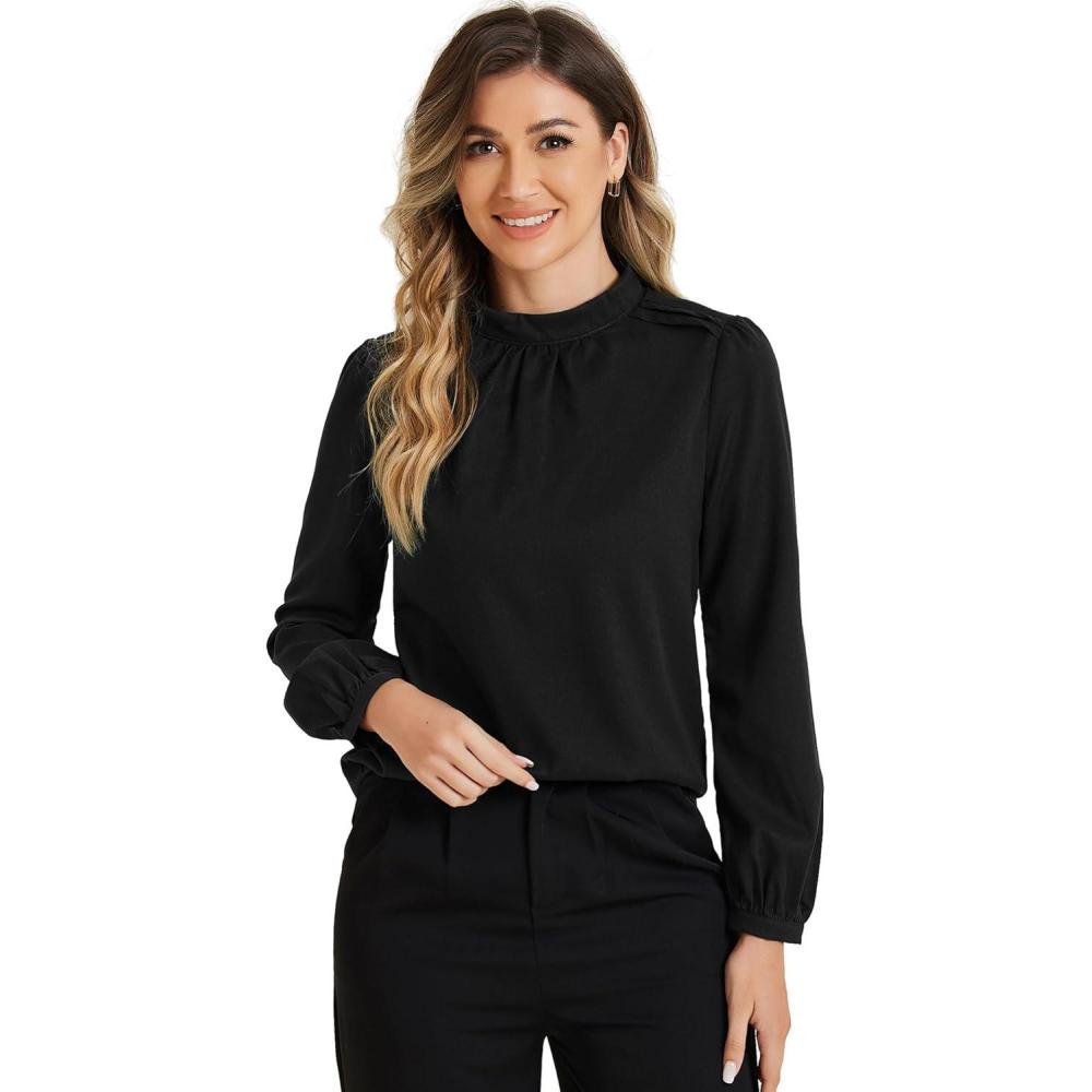 imageAllegra K Long Sleeve Work Tops for Womens Mock Neck Business Casual Blouses ShirtsBlack