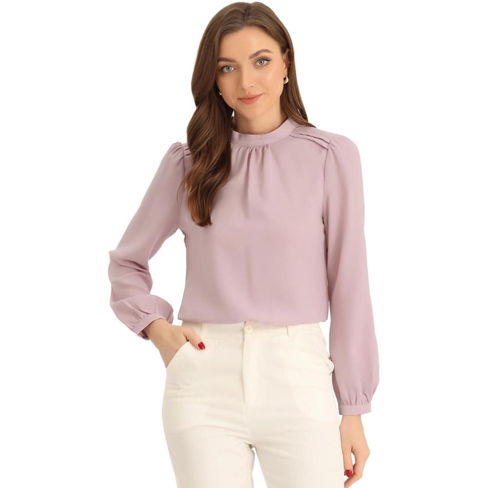 imageAllegra K Long Sleeve Work Tops for Womens Mock Neck Business Casual Blouses ShirtsPink