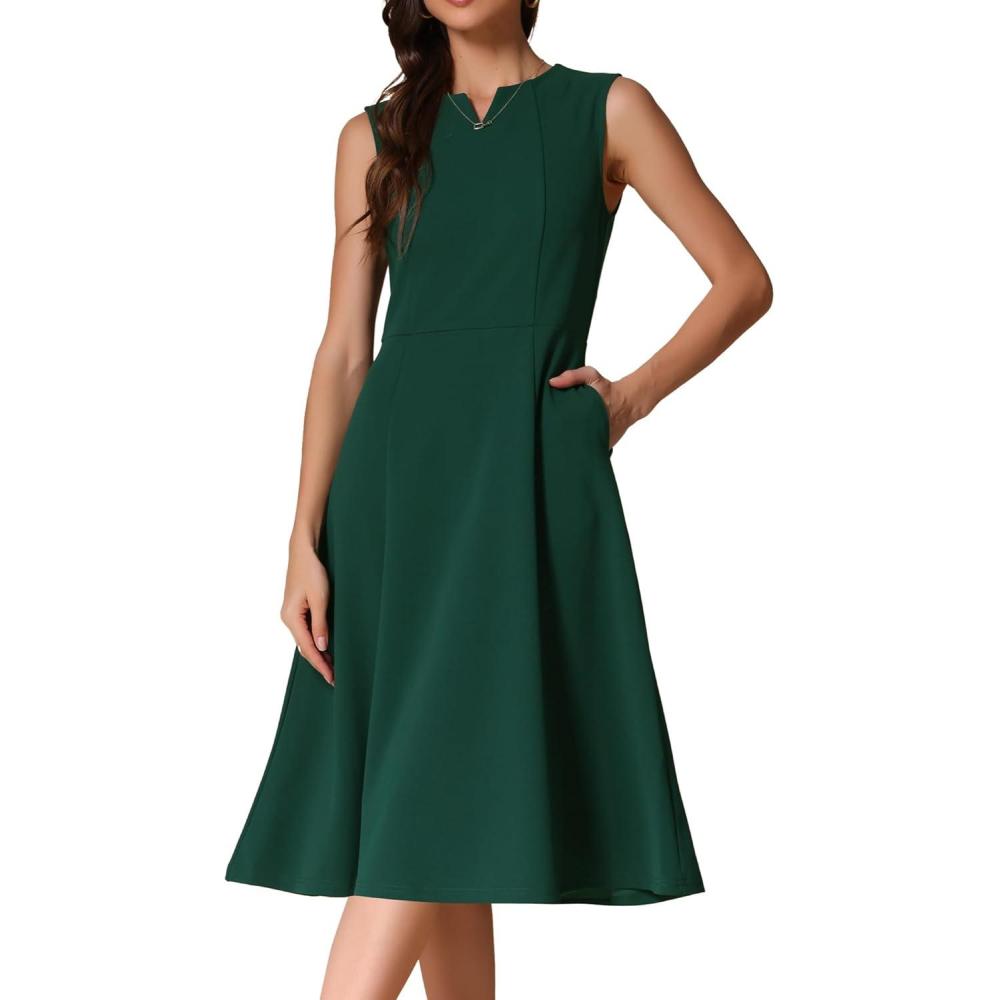 imageAllegra K Notch V Neck Dresses for Womens Elegant Work Office ALine Dress with PocketsDark Green