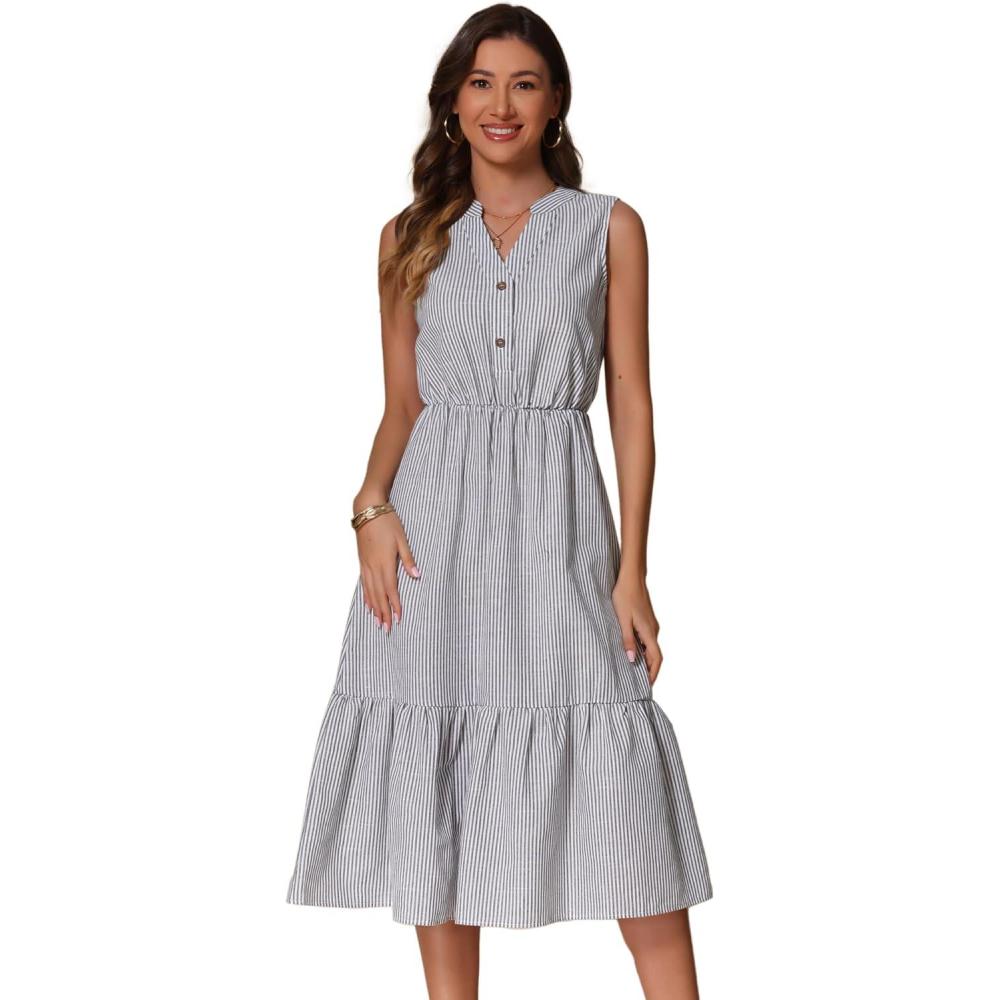 imageAllegra K Striped Shirt Dresses for Womens Sleeveless Work V Neck Ruffleed Midi DressBlack