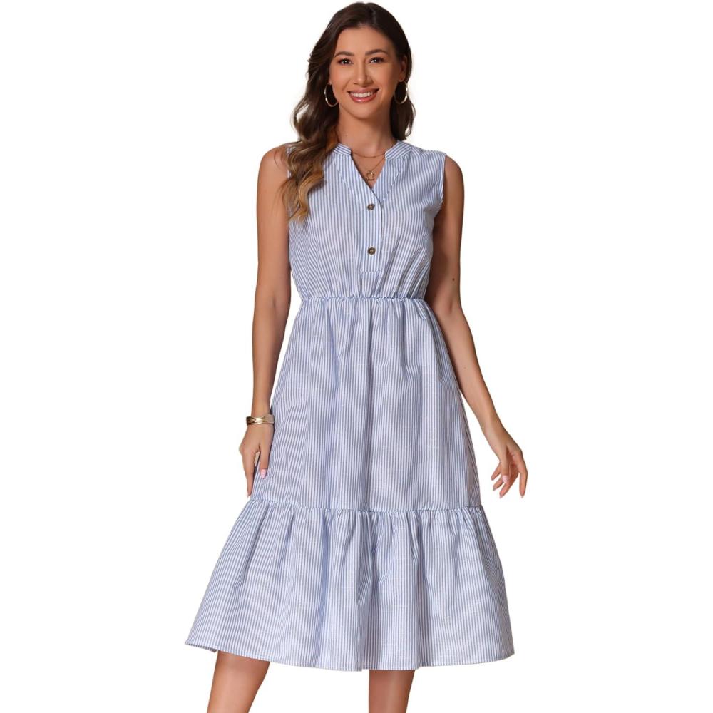 imageAllegra K Striped Shirt Dresses for Womens Sleeveless Work V Neck Ruffleed Midi DressBlue