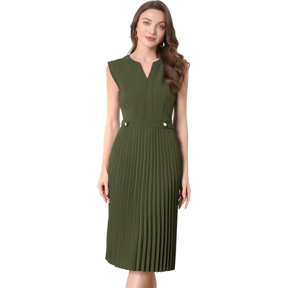 imageAllegra K Summer Dress for Womens 2024 Elegant Sleeveless V Neck ALine Pleated Flowy Midi DressArmy Green