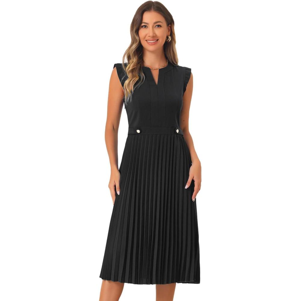 imageAllegra K Summer Dress for Womens 2024 Elegant Sleeveless V Neck ALine Pleated Flowy Midi DressBlack